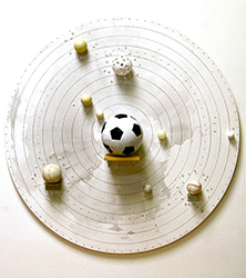 GREG COLSON - Solar System Model (Baden Sun), found objects, space, model, diagram, round, sports equipment, soccor ball, baseball, planets